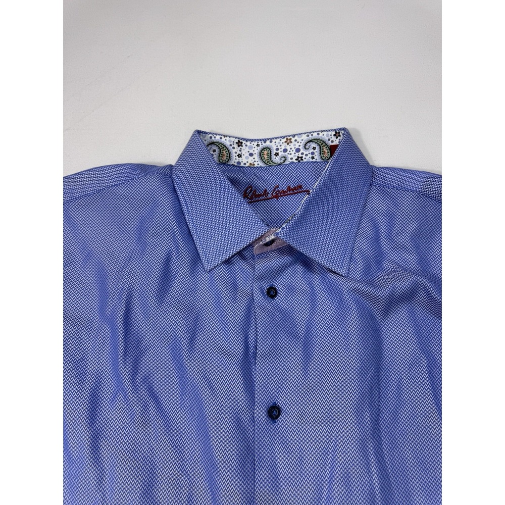 Robert Graham Men XL 44 17.5 Blue Herringbone Button Shirt Flip Cuff Paisley